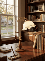 Aurelia Scroll Table Lamp with Brass Accents and Scalloped Glass Shade