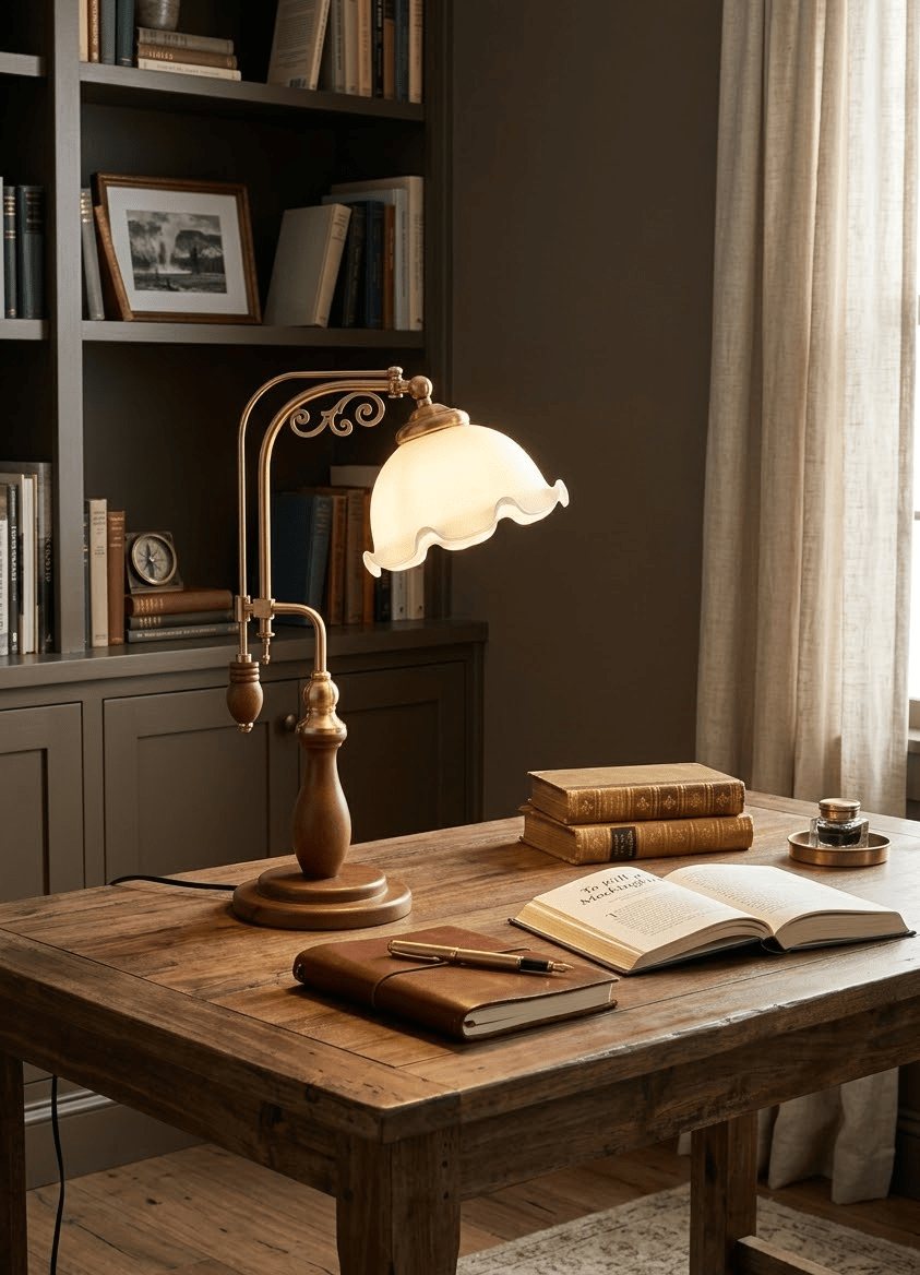 Aurelia Scroll Table Lamp with Brass Accents and Scalloped Glass Shade