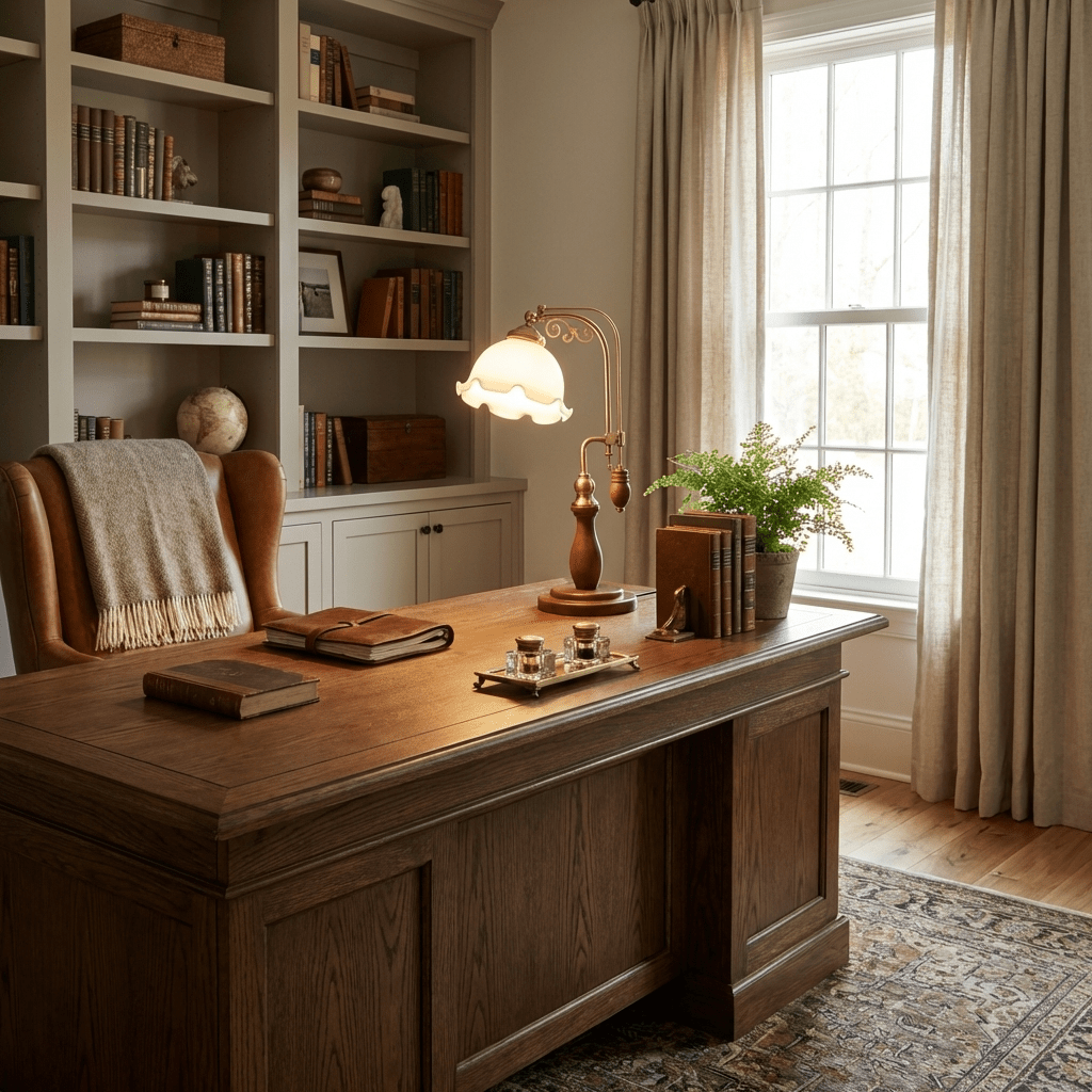 Aurelia Scroll Table Lamp with Brass Accents and Scalloped Glass Shade