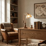 Aurelia Scroll Table Lamp with Brass Accents and Scalloped Glass Shade