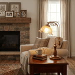Aurelia Scroll Table Lamp with Brass Accents and Scalloped Glass Shade