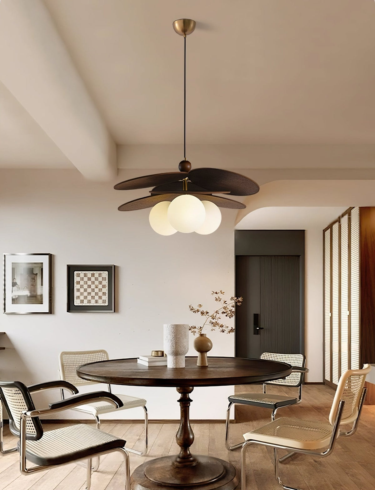 Aurelian Bloom Wooden Pendant Light with Opaline Glass Globes