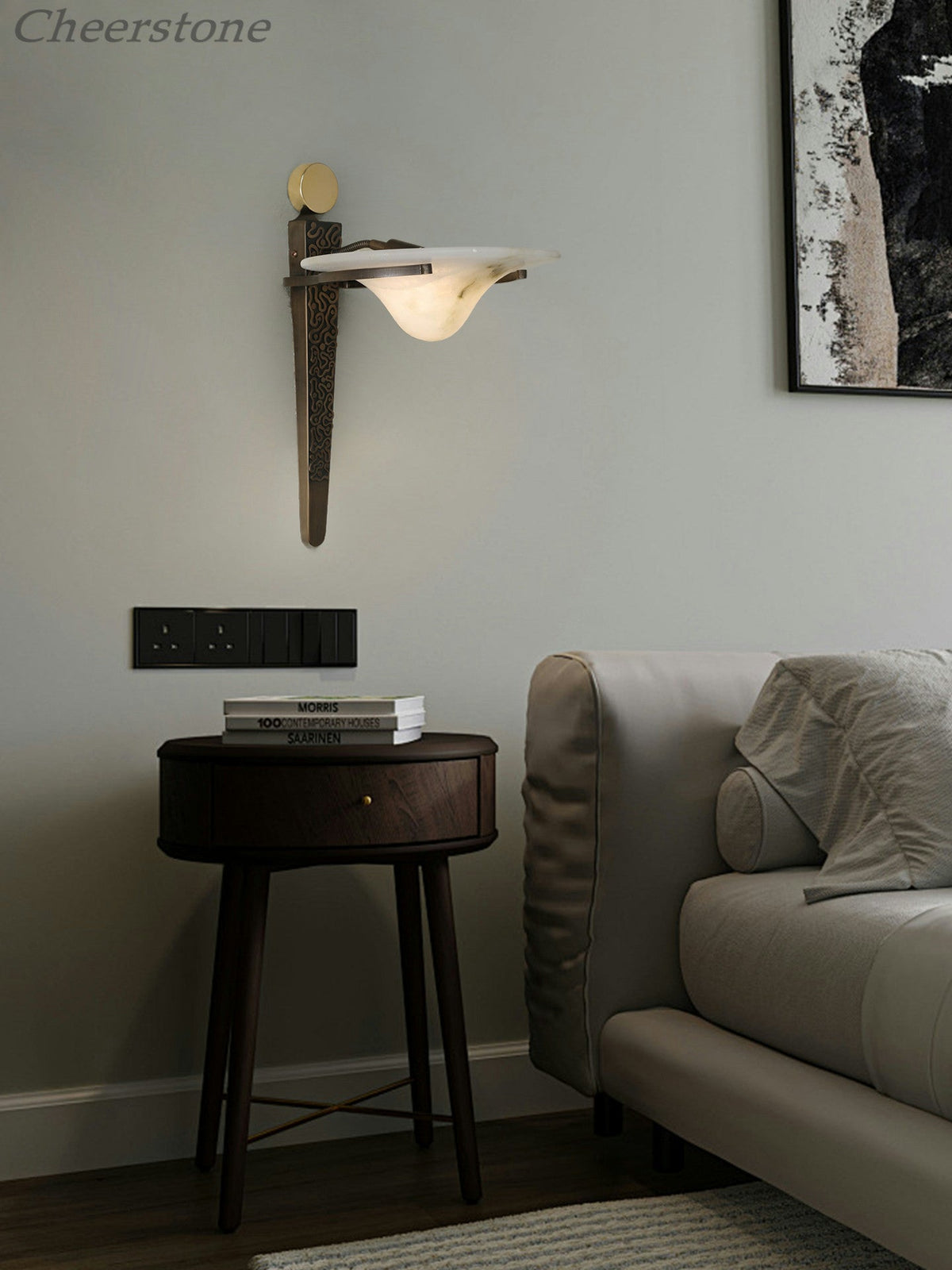 Aurelian Crest Alabaster Wall Sconce in Bronze with White Natural Stone Shade