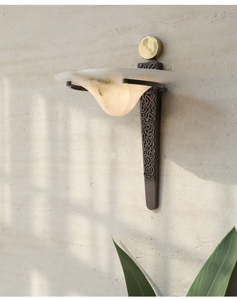 Aurelian Crest Alabaster Wall Sconce in Bronze with White Natural Stone Shade