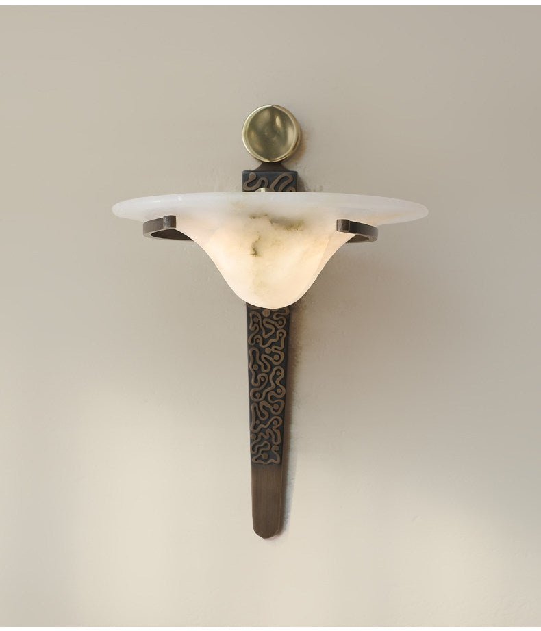 Aurelian Crest Alabaster Wall Sconce in Bronze with White Natural Stone Shade