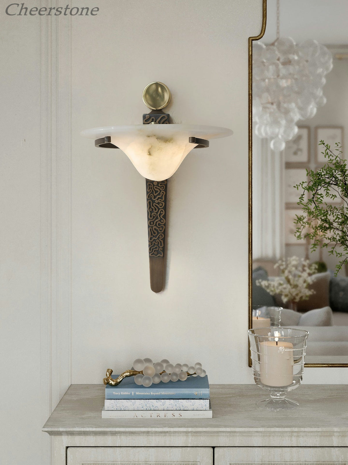 Aurelian Crest Alabaster Wall Sconce in Bronze with White Natural Stone Shade