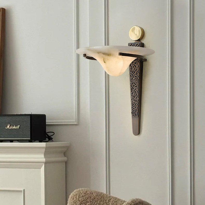 Aurelian Crest Alabaster Wall Sconce in Bronze with White Natural Stone Shade