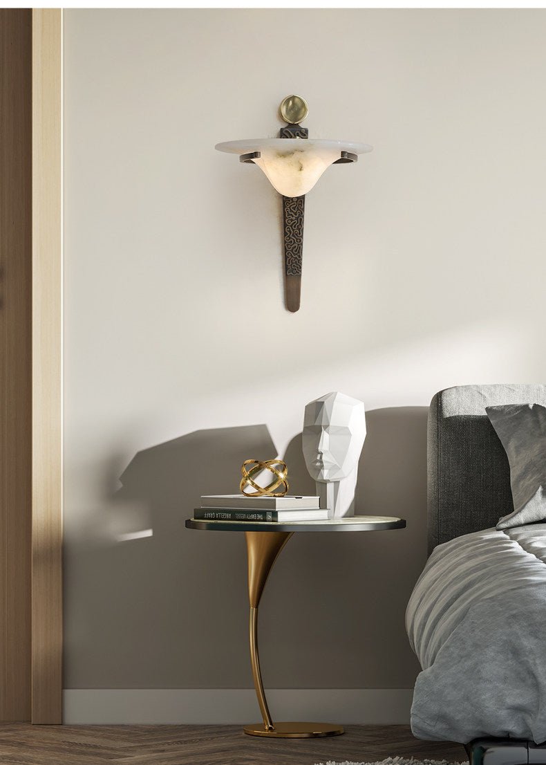Aurelian Crest Alabaster Wall Sconce in Bronze with White Natural Stone Shade
