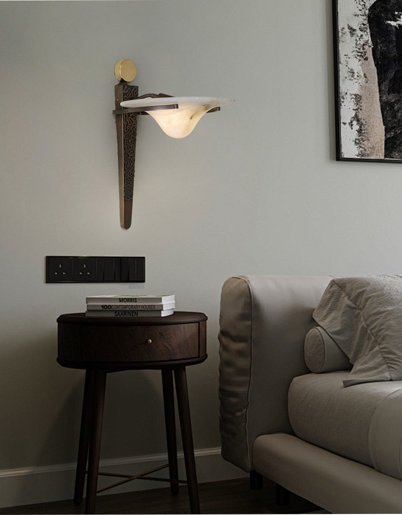 Aurelian Crest Alabaster Wall Sconce in Bronze with White Natural Stone Shade