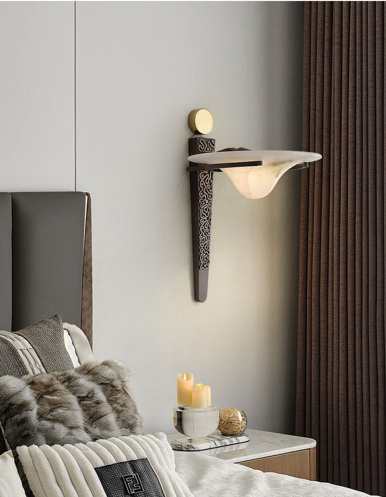 Aurelian Crest Alabaster Wall Sconce in Bronze with White Natural Stone Shade