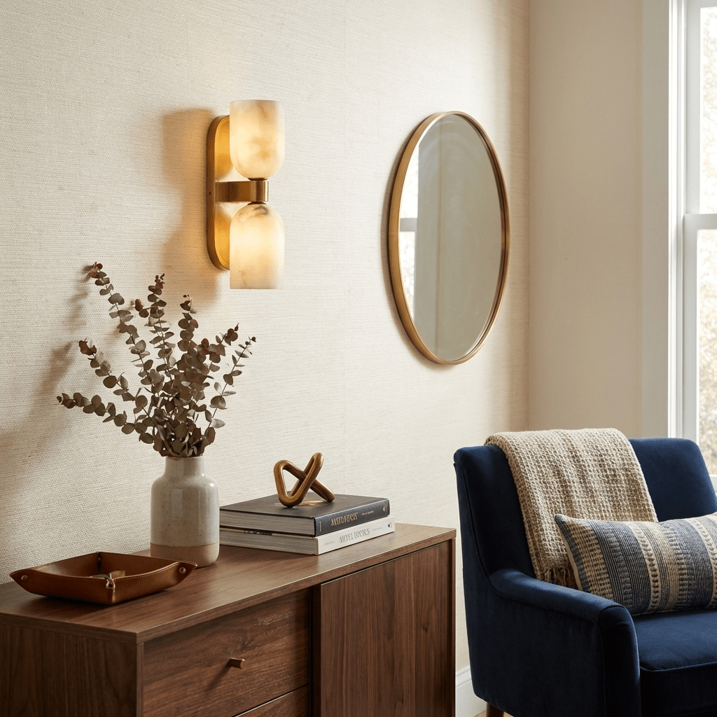 Aurelian Twin Alabaster Wall Sconce in Brass for Modern Interiors