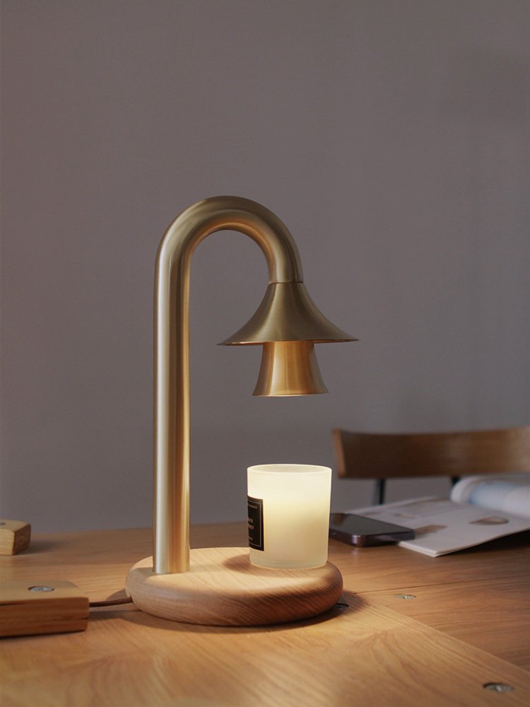 Aurelio Candle Warmer Lamp – Brass & Wood Table Lamp