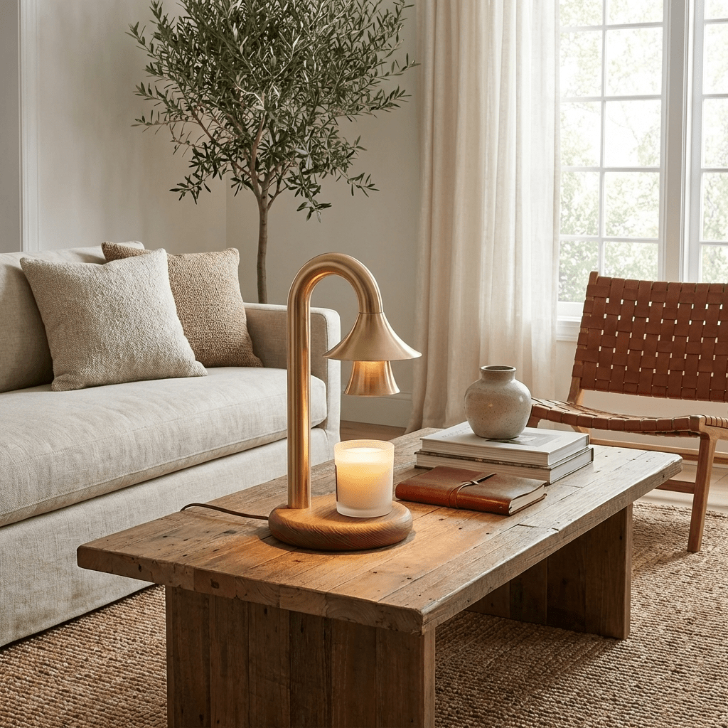 Aurelio Candle Warmer Lamp – Brass & Wood Table Lamp
