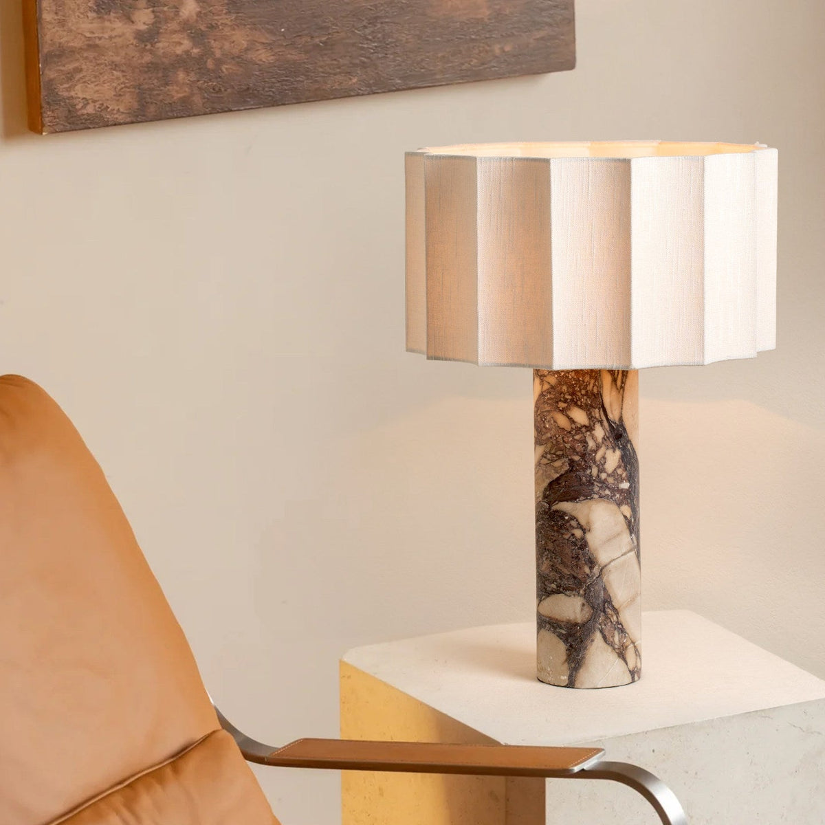 Aurelio Sculptural Marble Table Lamp with Fabric Shade for Modern Interiors