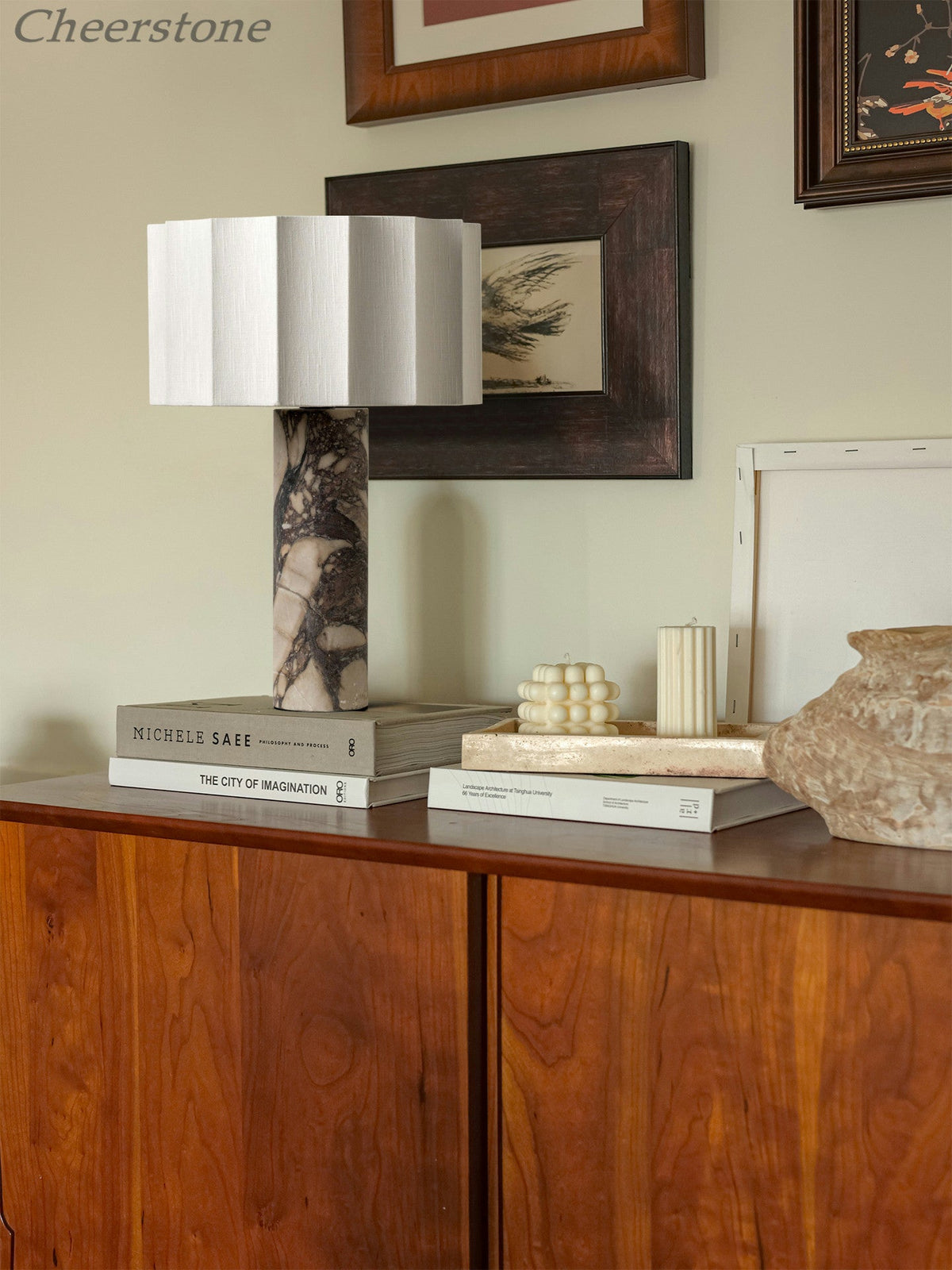 Aurelio Sculptural Marble Table Lamp with Fabric Shade for Modern Interiors