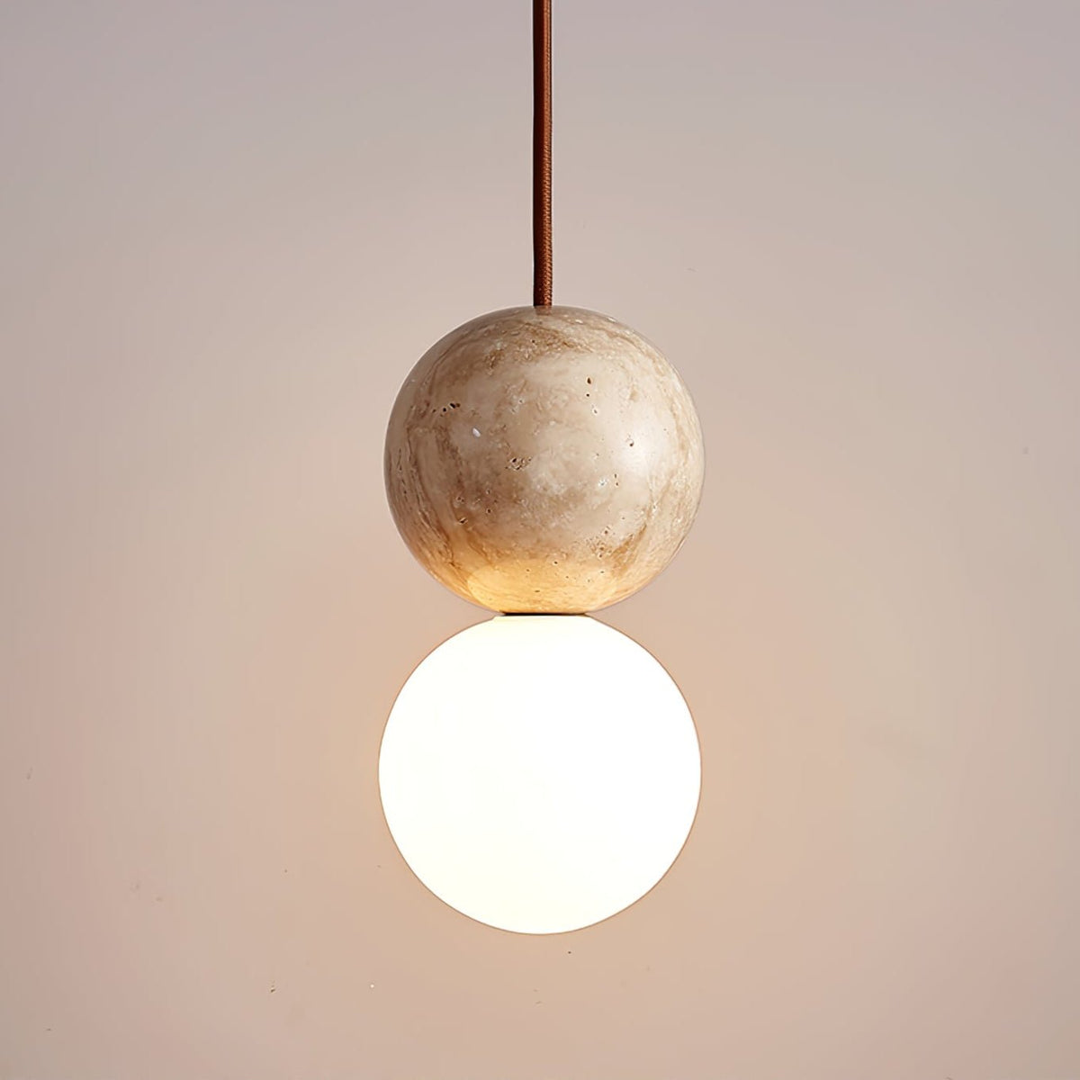 Camille Travertine Pendant Light – Natural Stone Sphere with Opal Glass Globe