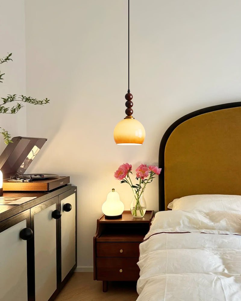 Aurelion Pendant Light – Amber Glass & Walnut Wood Modern Hanging Lamp