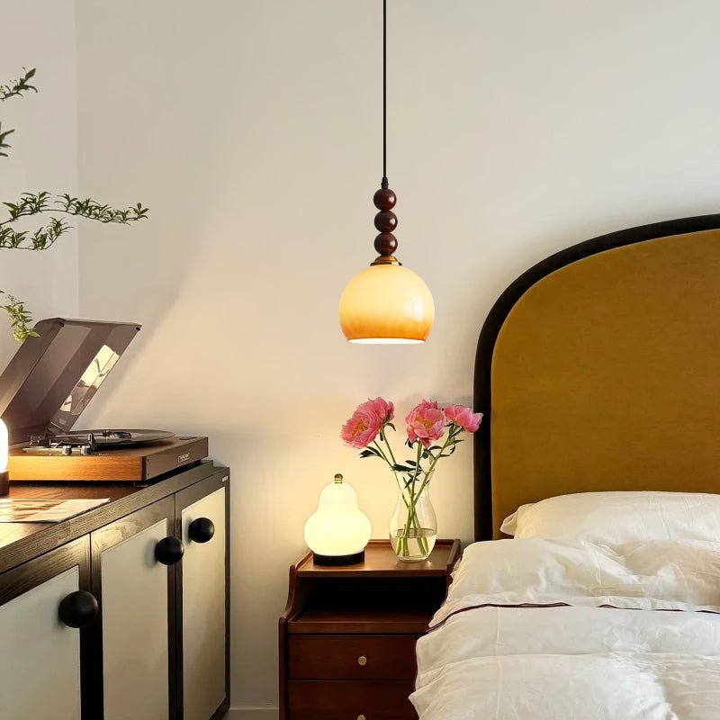 Aurelion Pendant Light – Amber Glass & Walnut Wood Modern Hanging Lamp