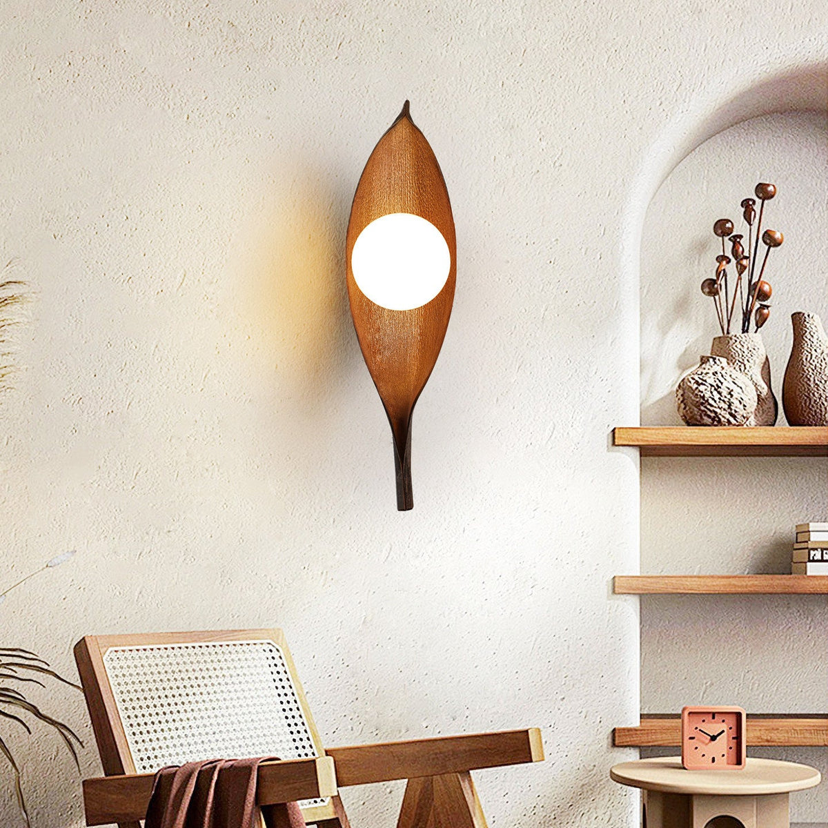 Aureo Leaf Glass Wall Sconce in Amber with Walnut Finish