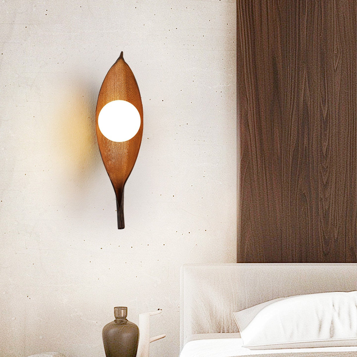 Aureo Leaf Glass Wall Sconce in Amber with Walnut Finish