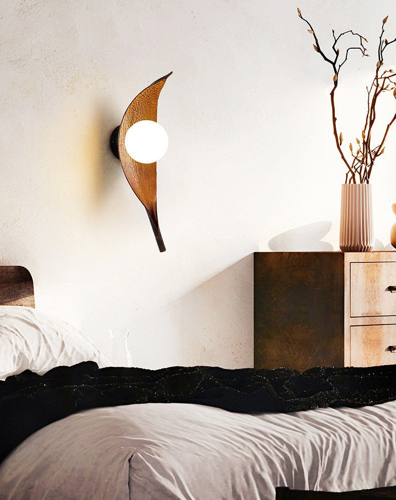 Aureo Leaf Glass Wall Sconce in Amber with Walnut Finish