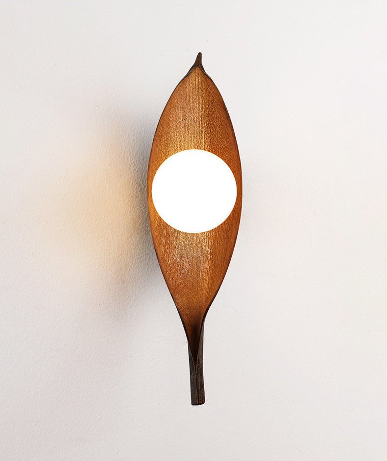 Aureo Leaf Glass Wall Sconce in Amber with Walnut Finish