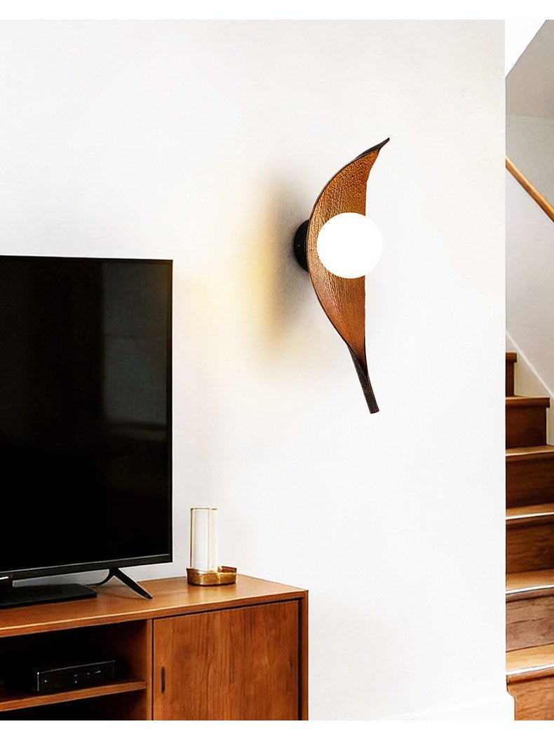 Aureo Leaf Glass Wall Sconce in Amber with Walnut Finish