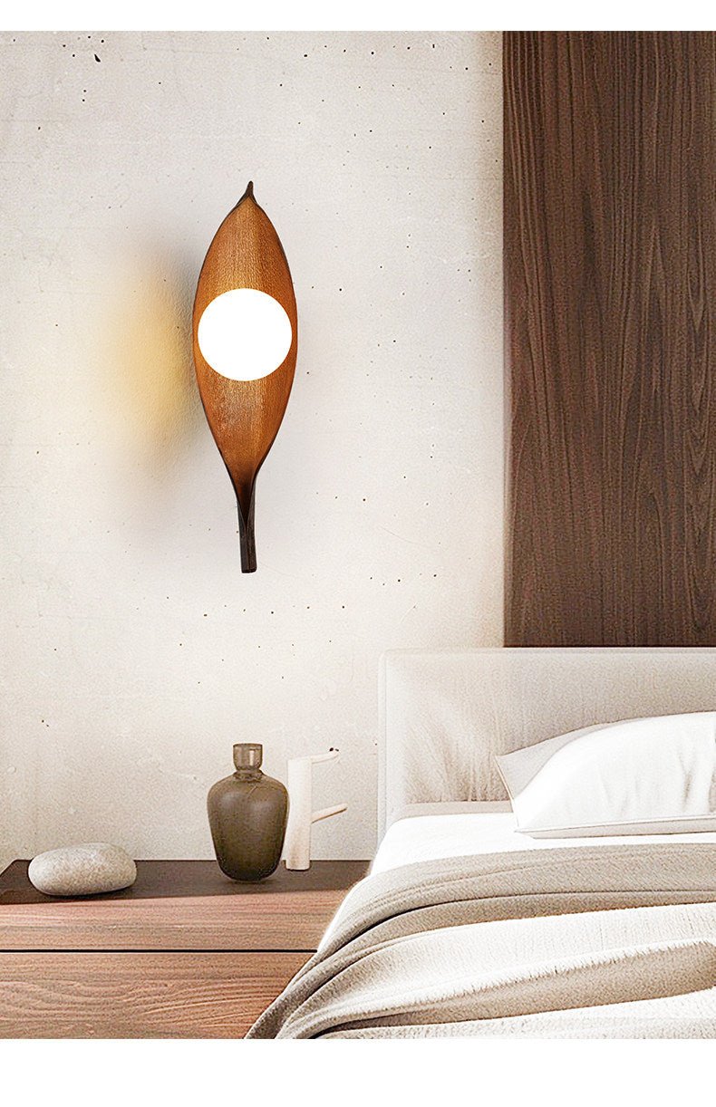 Aureo Leaf Glass Wall Sconce in Amber with Walnut Finish