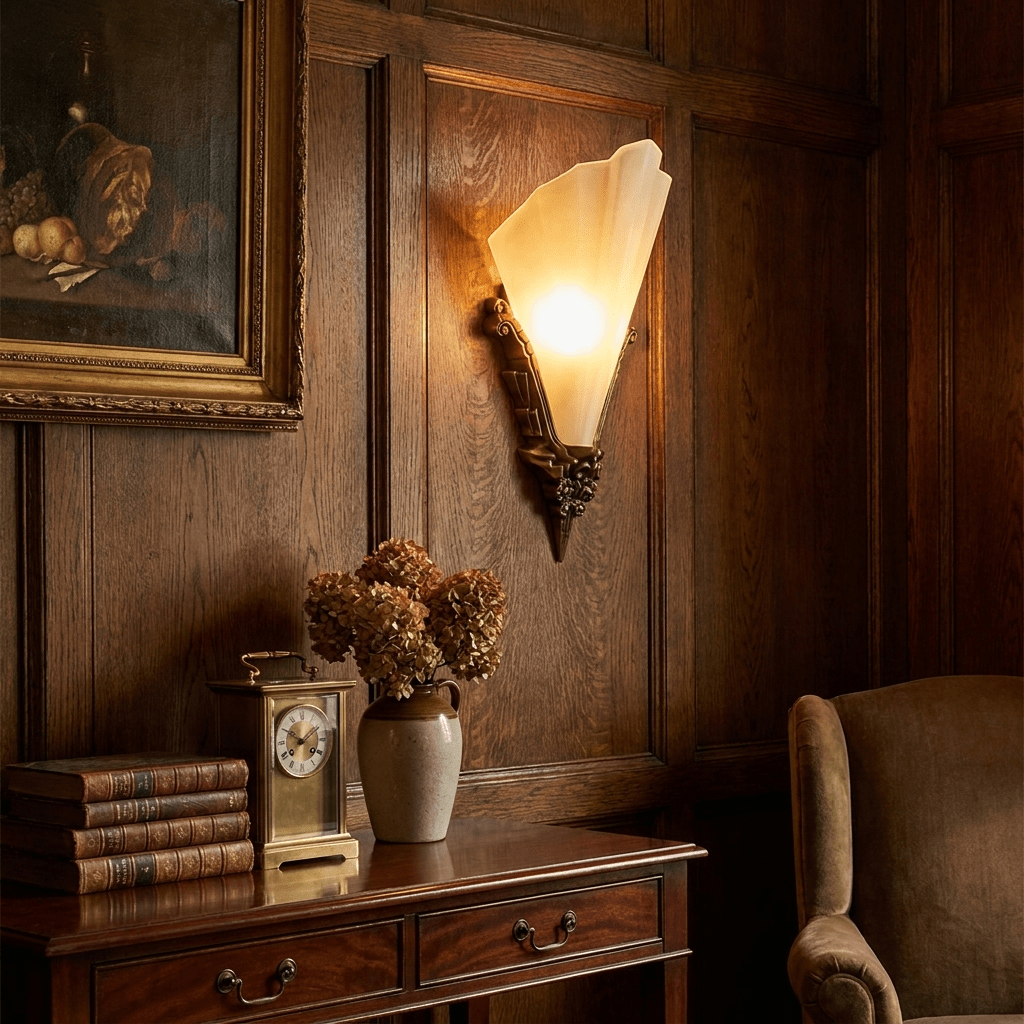 Aurivelle Art Deco Wall Sconce with Fluted Alabaster Glass and Antique Brass