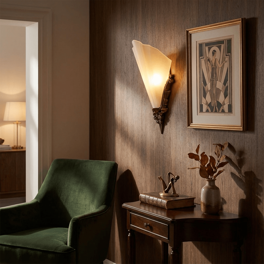 Aurivelle Art Deco Wall Sconce with Fluted Alabaster Glass and Antique Brass