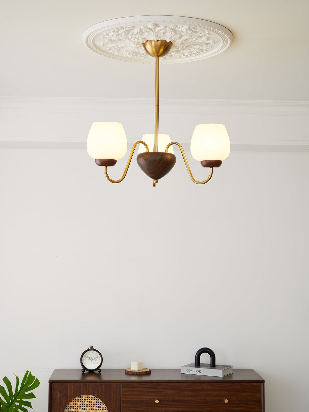 Aurorium Modern Brass Chandelier with Walnut Accents and Glass Globes