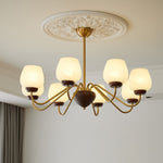 Aurorium Modern Brass Chandelier with Walnut Accents and Glass Globes