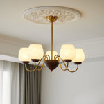Aurorium Modern Brass Chandelier with Walnut Accents and Glass Globes