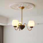 Aurorium Modern Brass Chandelier with Walnut Accents and Glass Globes