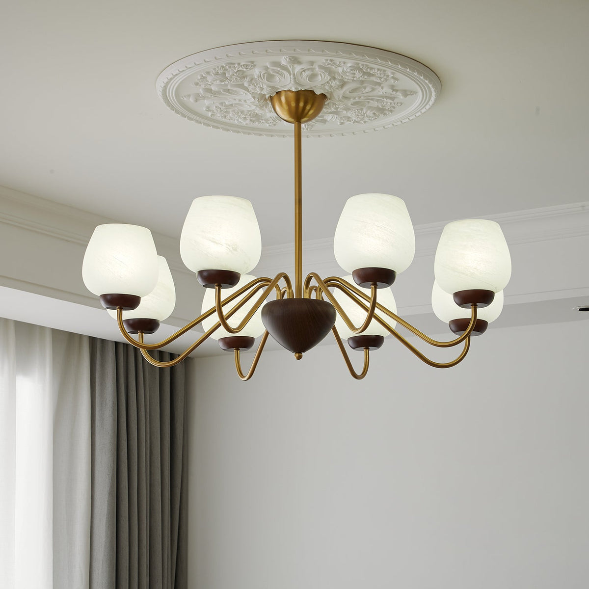 Aurorium Modern Brass Chandelier with Walnut Accents and Glass Globes