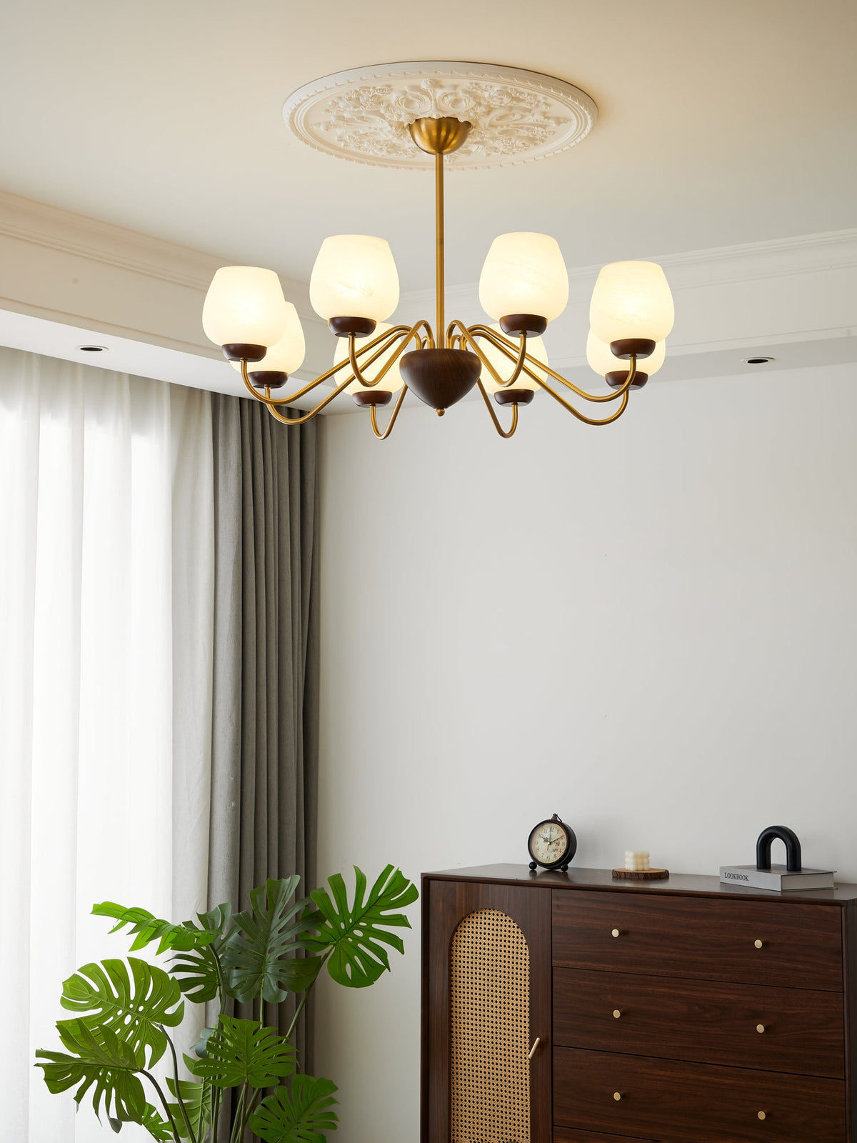 Aurorium Modern Brass Chandelier with Walnut Accents and Glass Globes