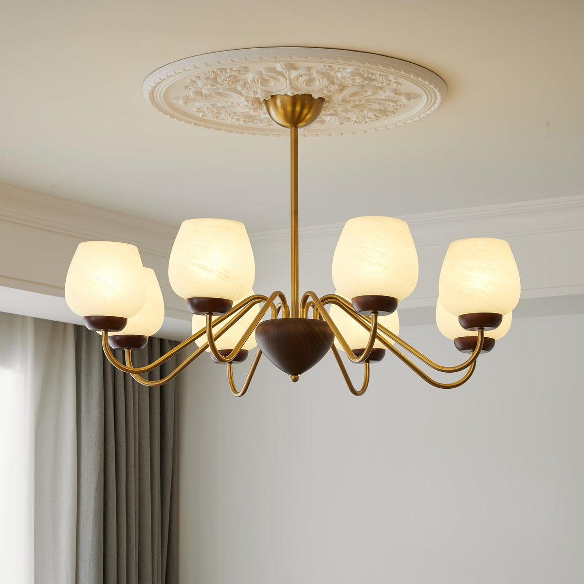 Aurorium Modern Brass Chandelier with Walnut Accents and Glass Globes