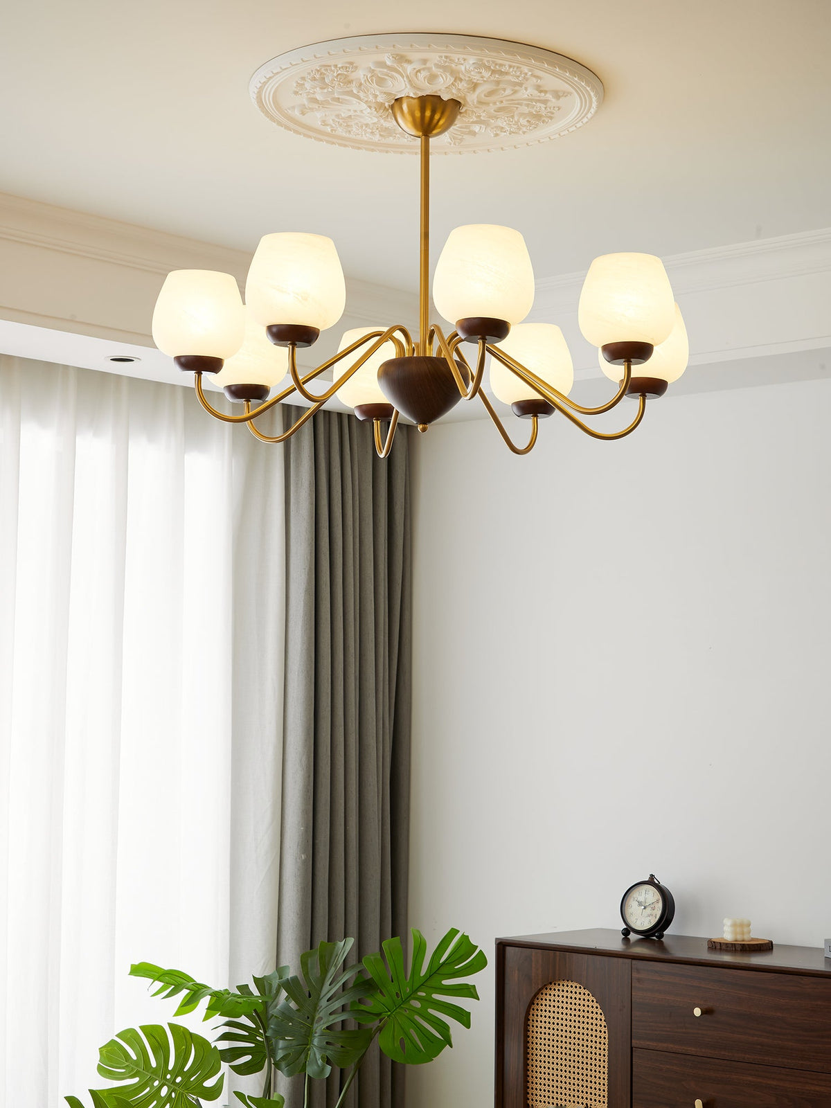 Aurorium Modern Brass Chandelier with Walnut Accents and Glass Globes