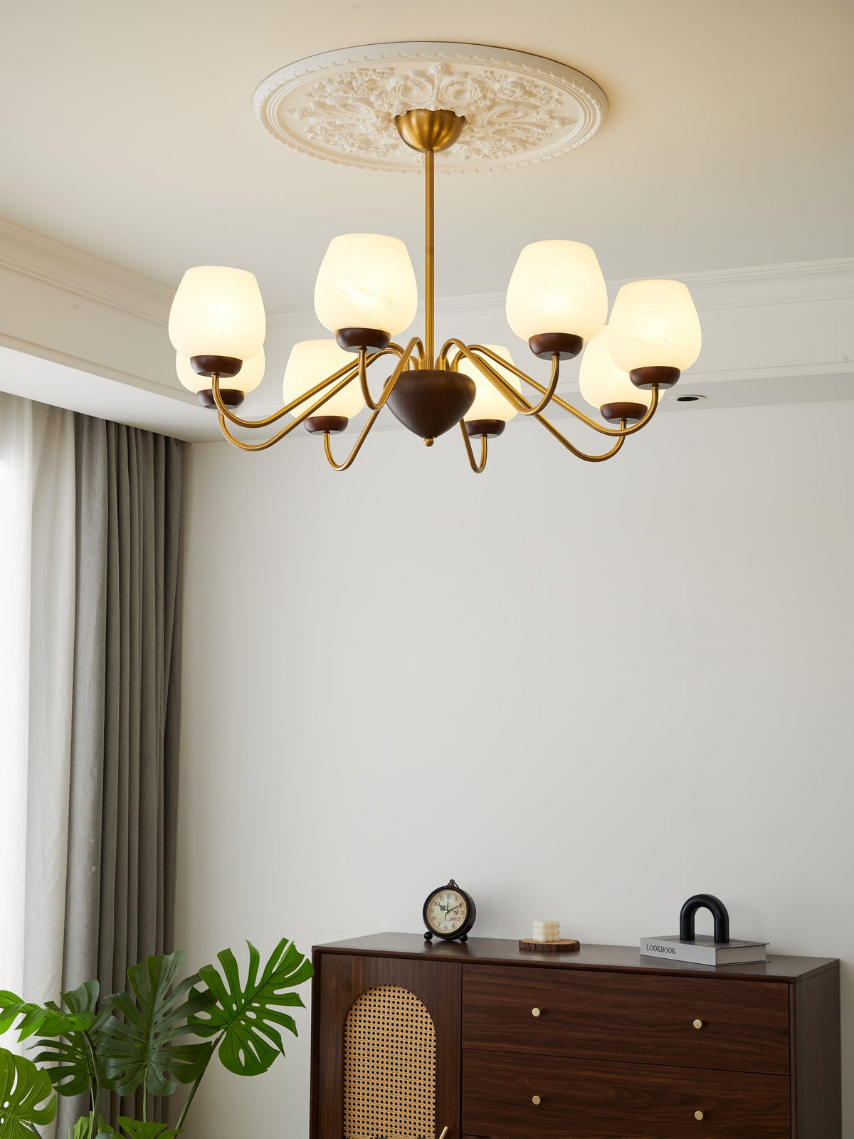 Aurorium Modern Brass Chandelier with Walnut Accents and Glass Globes