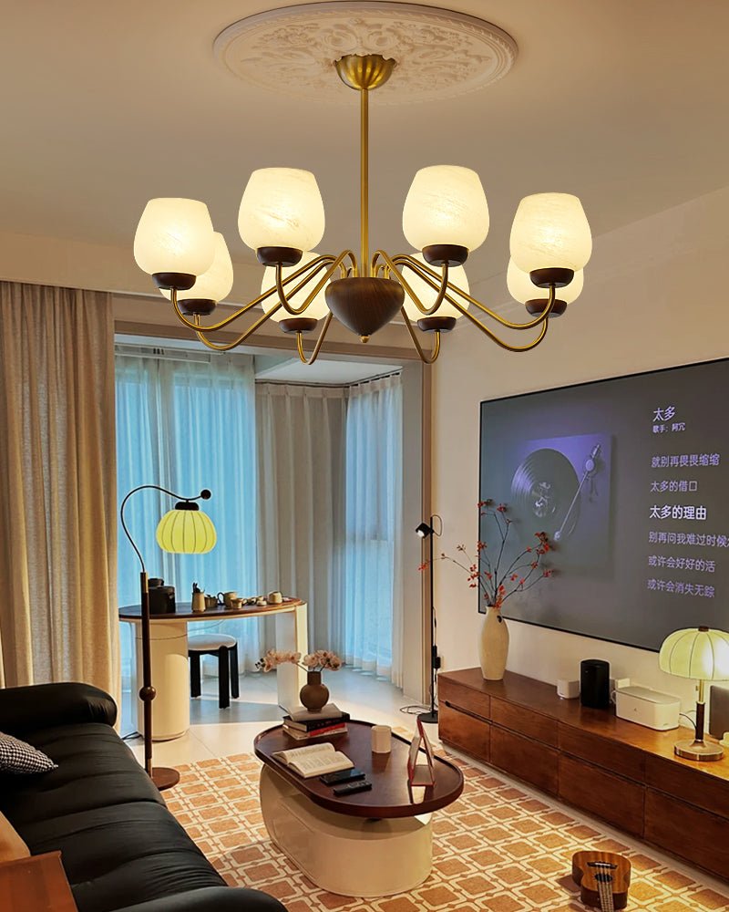 Aurorium Modern Brass Chandelier with Walnut Accents and Glass Globes