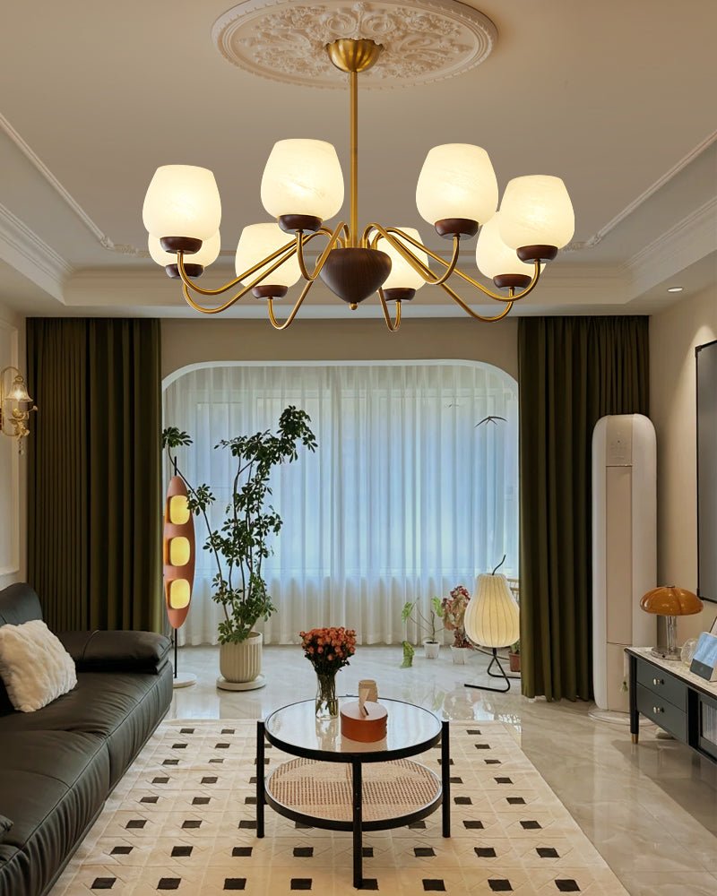Aurorium Modern Brass Chandelier with Walnut Accents and Glass Globes