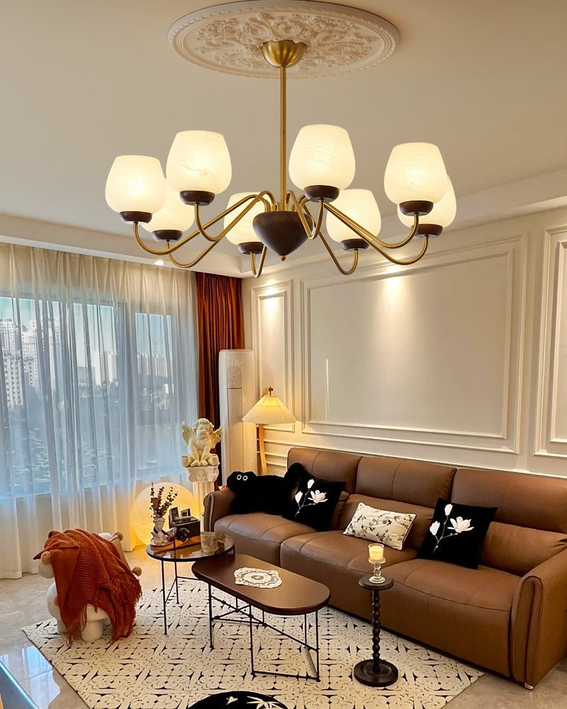 Aurorium Modern Brass Chandelier with Walnut Accents and Glass Globes