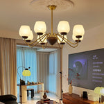 Aurorium Modern Brass Chandelier with Walnut Accents and Glass Globes