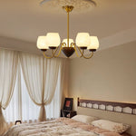 Aurorium Modern Brass Chandelier with Walnut Accents and Glass Globes