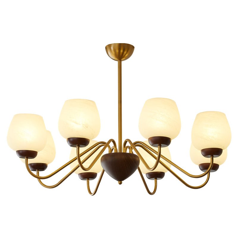 Aurorium Modern Brass Chandelier with Walnut Accents and Glass Globes