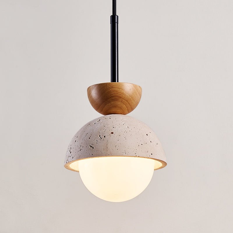 Avelin Travertine Pendant Light with Glass Globe and Wood Accent