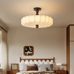 Aveline Bloom Modern Flush Mount Ceiling Light in Walnut and White Fabric
