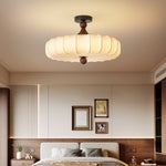 Aveline Bloom Modern Flush Mount Ceiling Light in Walnut and White Fabric