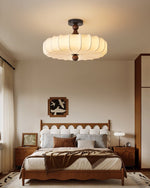 Aveline Bloom Modern Flush Mount Ceiling Light in Walnut and White Fabric
