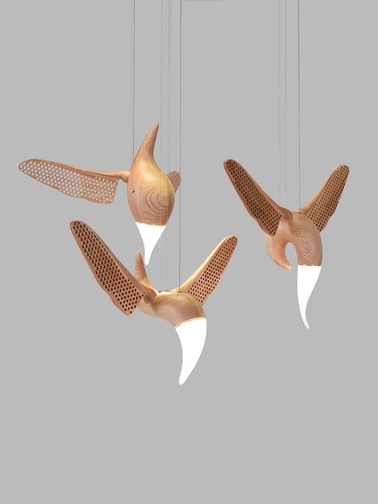 Avian Flight Chandelier – Sculptural Wooden Bird Pendant Light